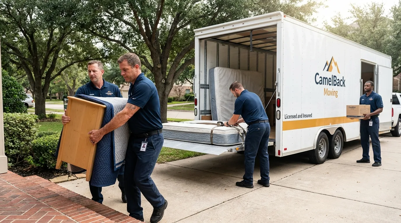 Crew loading residential truck for cross-state move from Hebbronville, TX