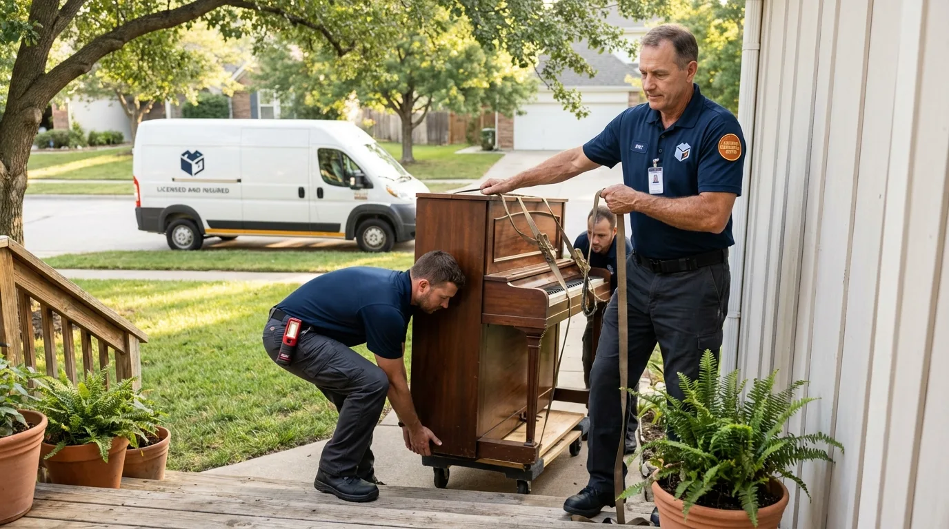 Licensed piano movers securing grand piano in Hebbronville, TX
