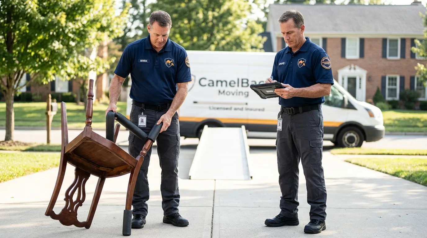 Movers inspecting furniture for damage prevention before loading in Hebbronville, TX